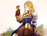  absurdres agrias_oaks arm_behind_back arm_support armor blonde_hair braid breastplate brown_eyes brown_gloves bug butterfly closed_mouth final_fantasy final_fantasy_tactics gloves grass hand_up highres insect knee_pads leaf long_hair no_nose official_style plant shoulder_pads sidelocks single_braid sitting smile solo yashigaras 