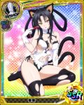  animal_ears bishop_(chess) black_hair black_legwear breasts card_(medium) cat_ears cat_tail character_name chess_piece china_dress chinese_clothes cleavage dress embarrassed fan gloves hair_rings hairband high_school_dxd kuroka_(high_school_dxd) large_breasts lipstick long_hair makeup multiple_tails navel official_art parted_lips purple_lipstick slit_pupils solo tail torn_clothes trading_card white_gloves yellow_eyes 