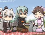  @_@ amatsukaze_(kantai_collection) apron aqua_hair ascot blue_sky blush brown_dress brown_hair brown_legwear commentary_request curry curry_rice dated day detached_sleeves dress empty_eyes food gloves hair_ornament hairclip hamu_koutarou head_scarf headgear hiei_(kantai_collection) kantai_collection long_hair multiple_girls nontraditional_miko outdoors picnic pot rensouhou-kun ribbon-trimmed_sleeves ribbon_trim rice sailor_dress short_hair sky smile sparkle suzuya_(kantai_collection) sweat thighhighs trembling two_side_up white_gloves 