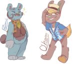  2015 3_toes 4_fingers animal_crossing anthro barefoot bear beardo_(animal_crossing) big_hands biped blue_clothing blue_fur blush bottomless brown_clothing brown_eyes brown_fur brown_nose brown_tail character_name chest_tuft clothed clothing digital_drawing_(artwork) digital_media_(artwork) duo english_text eyes_closed facial_hair featureless_crotch front_view full-length_portrait fur green_nose grey_fur hair hat holding_hat jacket lagomorph leaning leaning_forward looking_away male mammal mature_male mayadile multicolored_fur mustache necktie nervous nintendo o&#039;hare_(animal_crossing) orange_hair orange_tail overweight overweight_male plaid portrait rabbit raised_arm short_hair short_tail sideburns simple_background slightly_chubby smile smirk smug sparkle standing sweater_vest text toes toony tuft undershirt video_games white_background white_clothing 