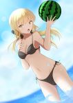 artoria_pendragon_(all) artoria_pendragon_(swimsuit_rider_alter) bad_id bad_pixiv_id bikini black_bikini black_ribbon blonde_hair blue_sky breasts cloud cowboy_shot day fate/grand_order fate/stay_night fate_(series) fisheye food fruit groin hair_ribbon hand_on_own_chest highres horizon inora lens_flare long_hair looking_at_viewer navel ocean open_mouth outdoors ribbon saber_alter side-tie_bikini sky small_breasts swimsuit wading water watermelon yellow_eyes 