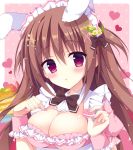 :o animal_ears bangs black_bow blush bow breast_poke breasts brown_hair bunny_ears cleavage commentary_request detached_collar eyebrows_visible_through_hair flower food frills fruit hair_bow hair_flower hair_ornament hairpin hands_up heart holding izuminanase large_breasts long_hair macaron maid nail_polish original pancake pink_background pink_nails poking polka_dot polka_dot_background purple_eyes solo strawberry two_side_up upper_body wrist_cuffs 