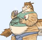  beverage bulge clothing dragon feline horn hybrid male male_pregnancy mammal pregnant shirt shorts simple_background standing tail_tuft thenamesmel thick_tail tiger tuft 