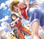  black_hair blue_eyes blue_shorts blue_sky blurry blurry_background breasts brown_eyes brown_hair cloud cosplay day dragon_ball dragon_ball_z dutch_angle facial_scar floating_hair from_below gintama hand_on_hip hat highres hime_cut houshin_engi kisaragi_mizu long_hair looking_at_viewer medium_breasts monkey_d_luffy monkey_d_luffy_(cosplay) multiple_girls one_piece open_mouth original outdoors sakata_gintoki sakata_gintoki_(cosplay) scar scar_on_cheek shorts sky sleeveless smile son_gokuu son_gokuu_(cosplay) straw_hat taikoubou torn_clothes torn_shorts underboob very_long_hair wristband yellow_hat 