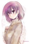  bangs casual closed_mouth commentary_request eyebrows_visible_through_hair from_side long_sleeves looking_at_viewer miyanaga_teru nakasawa_kei red_eyes red_hair ribbed_sweater saki short_hair smile solo standing sweater turtleneck twitter_username yellow_sweater 