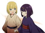  1girl blonde_hair child closed_eyes commentary fate/grand_order fate_(series) horns japanese_clothes kaikodou_kana kimono oni oni_horns open_mouth purple_hair sakata_kintoki_(fate/grand_order) short_hair shuten_douji_(fate/grand_order) smile younger 