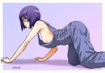  all_fours border breasts check_commentary commentary_request crawling cyclops feet_out_of_frame from_side kouda_tomohiro looking_at_viewer manako monster_musume_no_iru_nichijou naked_overalls nipples one-eyed overalls parted_lips purple_eyes purple_hair shadow short_hair sideboob small_breasts solo twitter_username white_border 