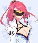  breasts cleavage collarbone earrings floating_hair grey_background hair_ornament jewelry large_breasts long_hair mao_(expuella) mask multicolored_hair ponytail red_hair seres_(tales) shiny shiny_skin silver_hair solo tales_of_(series) tales_of_berseria two-tone_hair upper_body 