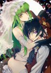  1girl bandages bangs black_hair bodysuit breasts bridal_veil c.c. cleavage closed_mouth code_geass commentary_request cosplay couple creayus eyebrows_visible_through_hair green_hair halloween hetero lace-trimmed_veil lace_trim lelouch_lamperouge long_hair looking_at_viewer medium_breasts mummy naked_bandage no_panties purple_eyes short_hair simple_background smile straddling veil white_bodysuit yellow_eyes 