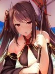  :o azur_lane bangs beach blue_sky blush breasts brown_hair collarbone day eyebrows_visible_through_hair hair_between_eyes hair_ornament hair_ribbon haruna_(azur_lane) holding holding_umbrella horns long_hair looking_at_viewer medium_breasts ocean open_mouth outdoors red_eyes ribbon sky solo sweat tassel tobimura tsurime twintails umbrella waves wide_sleeves 