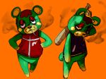  2018 :3 animal_crossing anthro barefoot baseball_bat bear biped black_clothing black_nose bottomless brown_hair charlise_(animal_crossing) cheek_spot cigarette clothed clothing digital_drawing_(artwork) digital_media_(artwork) eyelashes eyeshadow featureless_crotch featureless_feet featureless_hands female flat_chested front_view gloves_(marking) green_body hair half-closed_eyes hands_in_pockets hi_res holding_object improvised_weapon letterman_jacket lighting looking_at_viewer makeup mammal markings multiple_images muzzle_(marking) nintendo object_in_mouth orange_background orangejuicex3-mieoi raised_arm red_clothing serious shadow short_hair simple_background smile smoking socks_(marking) solo spread_legs spreading standing threatening toony tracksuit two_tone_body video_games walking wide_stance yellow_body zipper 