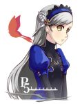 315-usagi blue_hairband butterfly_hair_ornament character_name copyright_name hair_ornament hairband highres lavenza long_hair looking_at_viewer parted_lips persona persona_5 short_sleeves silver_hair simple_background solo upper_body very_long_hair white_background yellow_eyes 