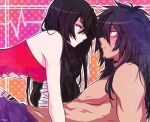  1girl all_fours bandages black_hair blush couple eye_contact hair_between_eyes hetero long_hair looking_at_another lying mao_(expuella) on_back orange_eyes rokurou_rangetsu sleeveless sweatdrop tales_of_(series) tales_of_berseria velvet_crowe very_long_hair yellow_eyes 