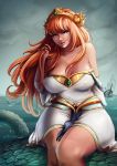  blue_eyes breasts cleavage covered_navel curvy dress headwear highres hips large_breasts lips long_hair looking_at_viewer luminyu monster off-shoulder_dress off_shoulder older outdoors red_hair scylla_(smite) ship sitting smite solo teeth thick_thighs thighs watercraft 