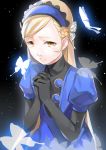  absurdres bangs black_background black_gloves blonde_hair blue_hairband butterfly_hair_ornament elbow_gloves gloves hair_ornament hairband hands_clasped highres lavenza long_hair own_hands_together parted_bangs parted_lips persona persona_5 short_sleeves solo tears upper_body very_long_hair yellow_eyes yft000 