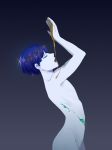  androgynous bangs blue_hair blunt_bangs closed_eyes colored_eyelashes crack cracked dark_background drinking gem gold highres houseki_no_kuni koaruji nude phosphophyllite phosphophyllite_(ll) short_hair solo sparkle spoilers white_skin 