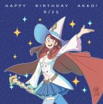  brown_eyes brown_hair cape commentary_request cosplay english happy_birthday hat kagari_atsuko little_witch_academia older shiny_chariot shiny_chariot_(cosplay) signature sky solo staff star_(sky) starry_sky ticcy witch_hat 