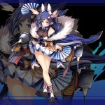  animal_ears ass_visible_through_thighs azur_lane blue_eyes blue_hair breasts detached_sleeves fan folding_fan full_body hair_ornament highres holding holding_fan jianren jintsuu_(azur_lane) large_breasts long_hair long_sleeves looking_at_viewer obi official_art ribbon sash skirt smile solo standing tail turret white_skirt wide_sleeves zoom_layer 