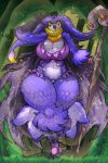  2018 absurd_res anthro avian beak bird bird_wyvern breasts capcom cleavage clothed clothing female hi_res jaeh looking_at_viewer malfestio monster_hunter open_beak open_mouth owl solo staff talons thick_thighs video_games wide_hips 