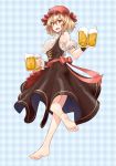  :d aki_minoriko alcohol alternate_costume apron bare_legs bare_shoulders barefoot beer beer_mug black_dress blonde_hair blue_background breasts cup dirndl dress dual_wielding feet from_behind full_body german_clothes hair_between_eyes hat holding holding_cup looking_at_viewer looking_back medium_breasts mob_cap open_mouth plaid plaid_background red_eyes red_hat sash short_hair shunichi smile soles solo toes touhou twisted_torso underbust waist_apron wrist_cuffs 