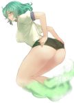  ass blush breasts buruma commentary_request ghost_tail green_eyes green_hair gym_uniform large_breasts profile puffy_short_sleeves puffy_sleeves short_sleeves sketch soga_no_tojiko solo terrajin thick_thighs thighs touhou white_background 