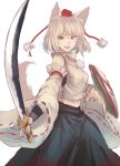  animal_ears commentary_request cowboy_shot detached_sleeves hat inubashiri_momiji katana looking_at_viewer midriff open_mouth red_eyes shield solo sword tail terrajin tokin_hat touhou weapon white_background white_hair wide_sleeves wolf_ears wolf_tail 