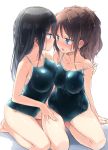  arm_at_side asymmetrical_docking barefoot black_hair blue_earrings blue_eyes blush breast_press breasts brown_eyes brown_hair collarbone commentary_request competition_school_swimsuit covered_nipples earrings eye_contact hand_on_another's_thigh highres homura_subaru jewelry kneeling large_breasts light long_hair looking_at_another multiple_girls one-piece_swimsuit original parted_lips partial_commentary ponytail profile school_swimsuit simple_background sitting strap_slip stud_earrings swimsuit undressing wet white_background yokozuwari yuri 