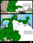  2003 anthro blue_eyes building claws comic crush dnapalmhead dragon english_text green_scales growth macro male obese onomatopoeia overweight redsaber scales scalie solo sound_effects text traditional_media_(artwork) 