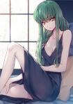  bangs bare_shoulders black_dress breasts c.c. cleavage code_geass commentary_request creayus dress green_hair long_hair looking_at_viewer medium_breasts sitting sleeveless sleeveless_dress smile solo yellow_eyes 
