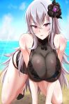  all_fours alternate_costume arima_kouichi azur_lane bangs beach bikini black_bikini black_footwear black_swimsuit blue_sky blush breasts cleavage cloud commentary_request crossed_bangs day eyebrows_visible_through_hair flower graf_zeppelin_(azur_lane) hair_between_eyes hair_flower hair_ornament large_breasts long_hair looking_at_viewer ocean open_mouth red_eyes sand see-through sidelocks silver_hair sky smile solo swimsuit wet 