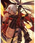  ahoge arm_guards armored_boots black_bow boots bow breasts cleavage crossed_legs dark_skin fate/grand_order fate_(series) hair_between_eyes hair_bow hair_ornament hair_over_one_eye highres holding holding_weapon knees_to_chest knees_up large_breasts long_hair okita_souji_(alter)_(fate) okita_souji_(fate)_(all) orangesekaii red_scarf scarf silver_hair sitting solo sweat tassel tied_hair weapon yellow_eyes 