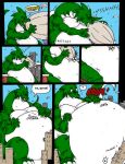  2003 ? aircraft airship anthro blue_eyes building claws comic crush dnapalmhead dragon english_text green_scales growth macro male obese onomatopoeia open_mouth overweight redsaber scales scalie solo sound_effects teeth text traditional_media_(artwork) 