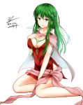  breasts cape chiki chiki_(cosplay) cleavage commentary_request cosplay dress eeryuu_(2004107) fire_emblem fire_emblem:_kakusei fire_emblem:_monshou_no_nazo fire_emblem_heroes green_eyes green_hair headband highres large_breasts long_hair open_mouth paola pelvic_curtain red_dress short_dress sidelocks simple_background sitting solo twitter_username white_background 