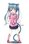  ;d akira_(been0328) animal_ears black_skirt blue_eyes blue_hair cat_ears cat_tail child eyebrows_visible_through_hair full_body hair_between_eyes hair_bobbles hair_ornament hatsune_miku highres holding holding_microphone long_hair microphone miniskirt one_eye_closed open_mouth petite_miku pink_shirt pleated_skirt red_footwear shirt short_sleeves simple_background skirt smile socks solo standing tail twintails very_long_hair vocaloid white_background white_legwear younger 