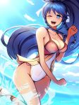  blue_eyes blue_hair braid breasts dark_blue_hair fire_emblem fire_emblem:_seima_no_kouseki fire_emblem_heroes long_hair looking_at_viewer navel one-piece_swimsuit one_eye_closed open_mouth pegasus_knight phiphi-au-thon ponytail smile solo swimsuit tana twin_braids water 