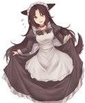  alternate_costume animal_ears apron brown_hair commentary_request curtsey dress enmaided flying_sweatdrops imaizumi_kagerou juliet_sleeves long_sleeves maid maid_headdress puffy_sleeves red_eyes skirt_hold solo tail terrajin touhou white_background wolf_ears wolf_tail 