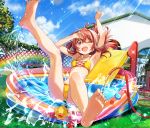  ;d arm_up armpits barefoot bikini blue_sky breasts cleavage cloud collarbone day eyebrows_visible_through_hair feet floating_hair hair_between_eyes highres idolmaster idolmaster_shiny_colors joey_koguma komiya_kaho lens_flare long_hair looking_at_viewer one_eye_closed open_mouth outdoors rainbow red_eyes red_hair sky small_breasts smile soles solo sunlight swimsuit water yellow_bikini 