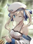  beret blonde_hair blue_eyes breasts bullet cleavage commentary cucouroux_(granblue_fantasy) detached_sleeves granblue_fantasy hair_ribbon haniwa_(leaf_garden) hat highres long_sleeves medium_breasts off_shoulder one_eye_closed ribbon sidelocks smile solo spaghetti_strap twintails upper_body window 