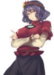  commentary_request crossed_arms hair_ornament mirror purple_hair red_eyes rope shimenawa short_hair solo terrajin touhou white_background yasaka_kanako 