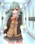  :d absurdres blazer blurry blurry_background bow bowtie brown_cardigan brown_eyes brown_jacket brown_skirt cardigan cowboy_shot eyebrows_visible_through_hair frilled_skirt frills green_hair hair_between_eyes hair_ornament hairclip highres indoors jacket kantai_collection long_hair looking_at_viewer miniskirt open_blazer open_clothes open_jacket open_mouth pleated_skirt red_bow remodel_(kantai_collection) sarfata school_uniform shiny shiny_hair skirt smile solo standing suzuya_(kantai_collection) 