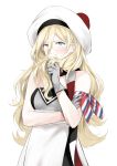  armband bare_shoulders beret blonde_hair blue_eyes blush dress gloves grey_gloves hat highres kantai_collection long_hair mole mole_under_eye morinaga_miki pom_pom_(clothes) richelieu_(kantai_collection) simple_background solo strapless strapless_dress white_background white_dress white_hat 