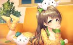  bangs bow breasts brown_hair chin_rest cleavage couch feet_up green_bow grey_hair hair_bow indoors kyouou_ena long_hair long_sleeves looking_at_viewer love_live! love_live!_school_idol_festival love_live!_school_idol_project lying md5_mismatch minami_kotori minami_kotori_(bird) night object_on_head on_stomach one_side_up open_clothes open_shirt plaid_pajamas smile socks solo sparkle yellow_eyes yellow_legwear 