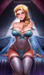  badcompzero bare_shoulders blonde_hair breasts bridal_gauntlets cameltoe choker collarbone elsa_(frozen) frozen_(disney) highres hips large_breasts lips long_hair navel solo thighhighs yellow_eyes 