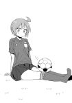  2018_fifa_world_cup ahoge ball blush bob_cut eyebrows_visible_through_hair full_body grass greyscale japan kneehighs monochrome nonohara_yuzuko pleated_skirt short_hair sidelocks simple_background sitting sitting_on_ground skirt soccer soccer_ball soccer_uniform solo sportswear tatsunokosso telstar white_background world_cup yuyushiki 