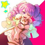  blush cape cosplay dress elbow_gloves fire_emblem fire_emblem:_rekka_no_ken fire_emblem:_seima_no_kouseki fire_emblem_heroes gloves green_eyes green_hair hzk_(ice17moon) l'arachel long_hair looking_at_viewer one_eye_closed open_mouth pink_hair purple_eyes serra smile solo staff twintails 