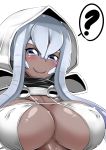  ? absurdres bikini breasts commentary covered_nipples dark_skin english_commentary highres hood hood_up horizontal_pupils large_breasts long_hair monster_girl monster_musume_no_iru_nichijou oct_(monster_musume) scylla shiny shiny_skin silver_eyes silver_hair simple_background smile solo spoken_question_mark swimsuit tentacle_hair upper_body virusotaku white white_background white_bikini 