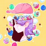  absurdres bandaid bandaid_on_face baseball_cap blush capsule crisalys expressionless from_side gashapon hat highres lavender_hair long_hair original portrait profile shoes shoes_removed sneakers solo yellow_background 