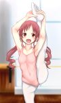  :d armpits arms_up ballerina ballet ballet_leotard commentary covered_navel gochuumon_wa_usagi_desu_ka? hands_on_own_feet highres leg_up legs leotard long_hair looking_at_viewer natsu_megumi open_mouth pantyhose pink_leotard red_eyes red_hair scrunchie smile solo split standing standing_on_one_leg standing_split susa toes twintails white_legwear white_scrunchie 