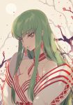  bangs bare_shoulders breasts c.c. cleavage code_geass collarbone commentary_request creayus earrings eyebrows_visible_through_hair green_hair head_tilt jewelry large_breasts long_hair long_sleeves looking_at_viewer outdoors parted_lips petals sidelocks sun upper_body wind yellow_eyes 