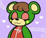  &lt;3 2015 :3 animal_crossing anthro bear biped brown_hair bust_portrait cel_shading charlise_(animal_crossing) cheek_spot clothed clothing digital_drawing_(artwork) digital_media_(artwork) duckydeathly eyelashes eyes_closed eyeshadow female flat_chested front_view green_body hair icon makeup mammal musical_note nintendo portrait purple_background red_clothing short_hair simple_background smile solo toony two_tone_body video_games yellow_body 